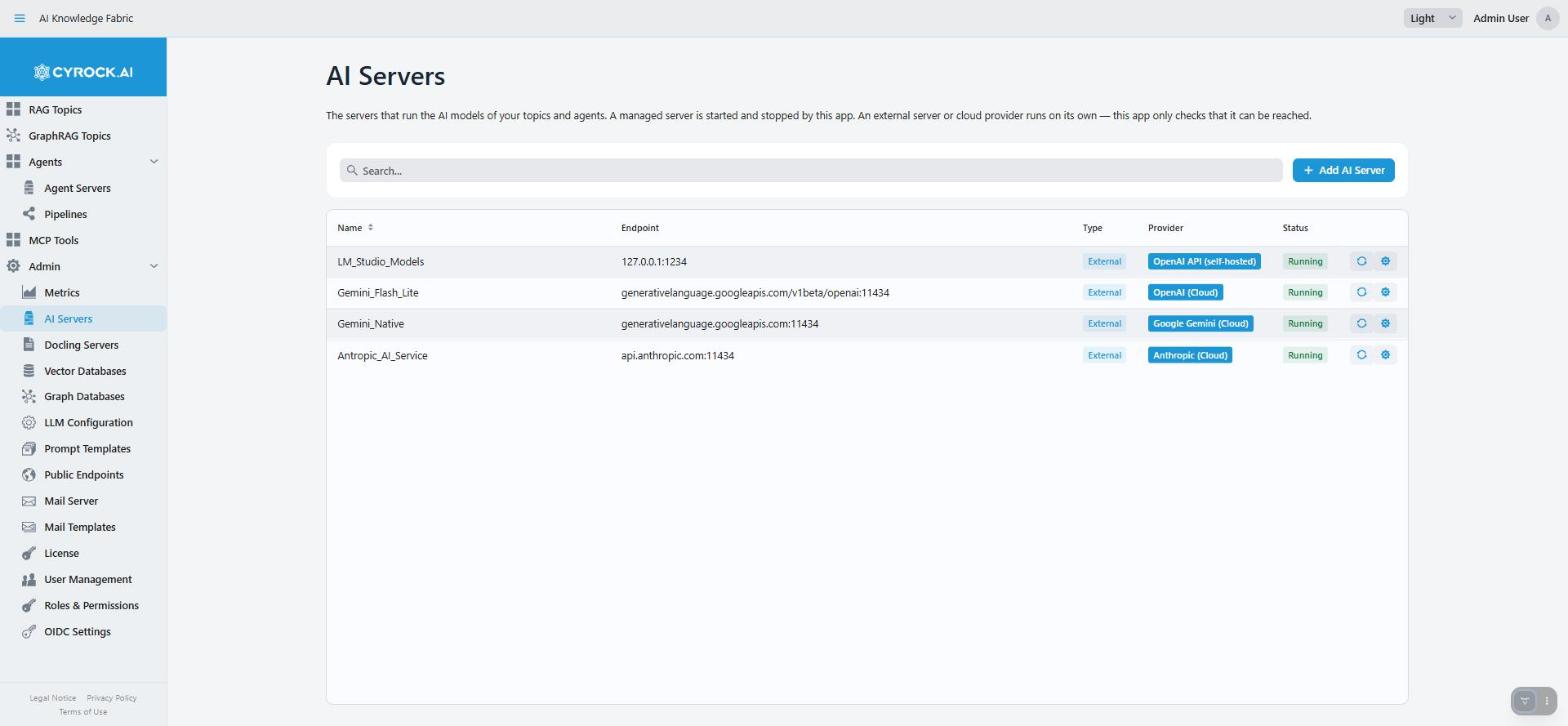 The AI Servers list with a managed Ollama server and two external providers
