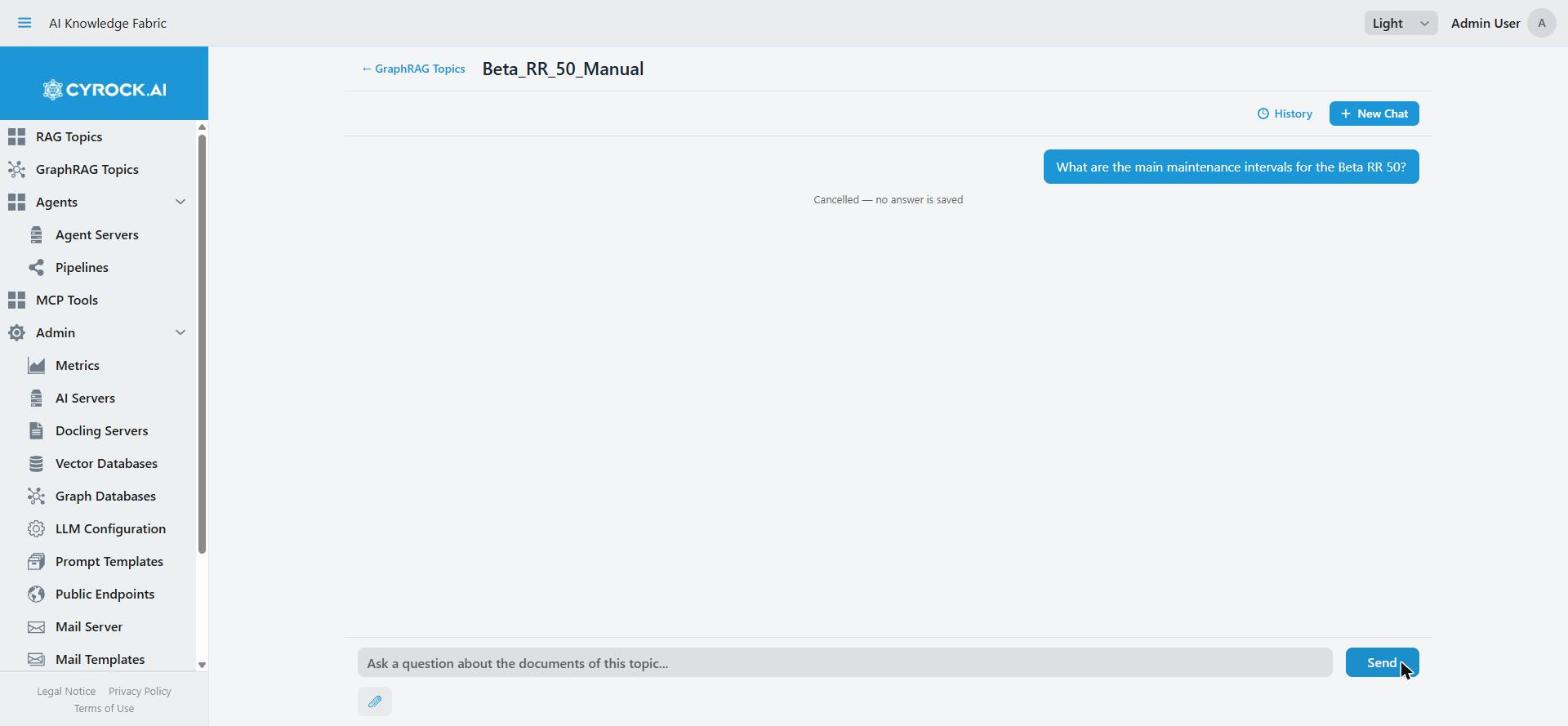 A cancelled GraphRAG chat reply, shown as "Cancelled — no answer is saved" under the question