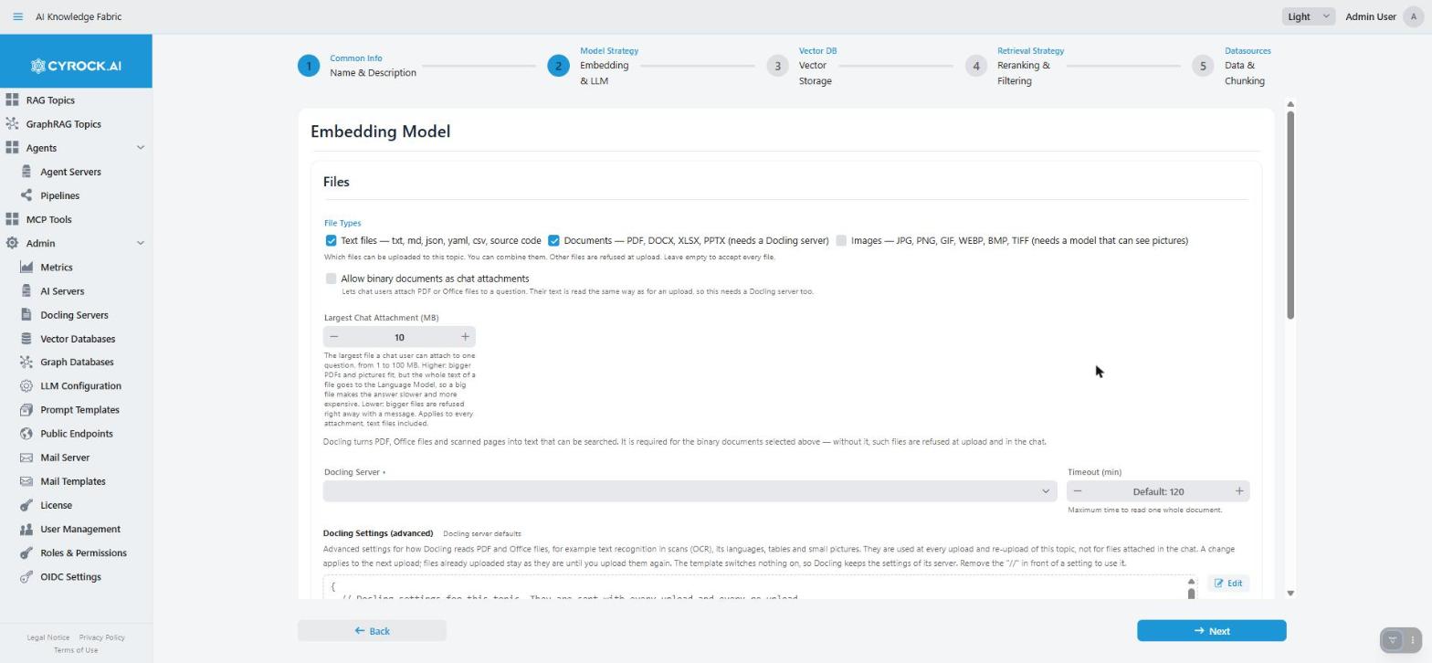 Step 2: file types, Docling, structured import strategy, image handling, embedding model